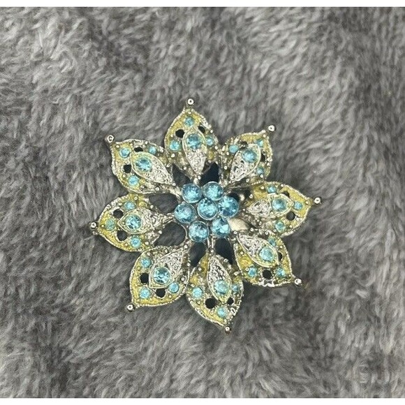 Aqua Blue Rhinestone Brooch Yellow/Green Accents Silver Tone 1.75" Round Pin - Picture 10 of 11
